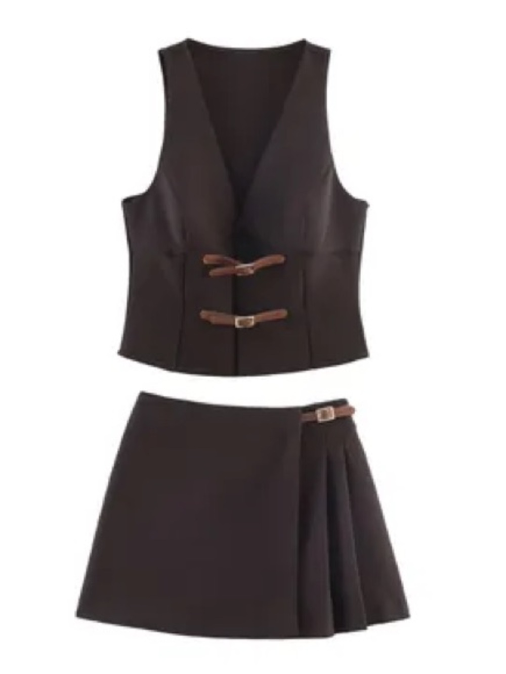 ZARA NWT Brown Buckle Vest & Pleated Mini Skirt Set XS